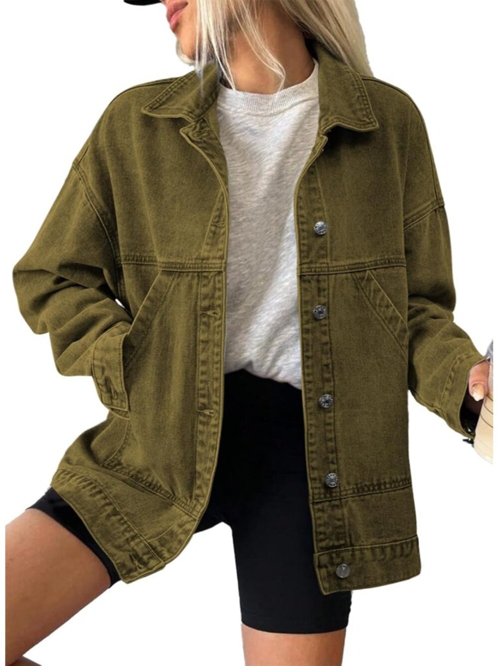 Women's Jungle Green Long Sleeve Fall Winter Casual Pockets Jean Jacket Coat